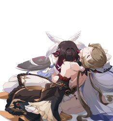  2girls bare_shoulders barefoot black_hair brown_hair closed_eyes columbina_(genshin_impact) cracked_skin detached_collar detached_sleeves dress fenayuquarium genshin_impact gloves hair_ornament head_wings highres hug long_hair long_sleeves multicolored_hair multiple_girls pink_hair ribbon sandrone_(genshin_impact) simple_background sitting streaked_hair two-tone_hair white_background white_dress white_gloves white_wings wings 