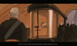  1girl 5boys :3 absurdres animal_ears bald belt black_robe cat_ears cat_girl cat_tail commentary crossover dune_(1984_movie) dune_(series) english_commentary english_text fake_screenshot film_grain floating guild_navigator highres horizontal-striped_belt letterboxed military_dress_uniform military_uniform multiple_boys neco-arc nose_tube ony01 orange_theme painterly pilk robe science_fiction shoulder_boards sketch spacecraft_interior striped_belt submerged subtitled tail tsukihime vat 