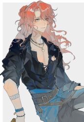  1boy bead_necklace beads belt belt_buckle black_belt black_shirt blue_eyes border bracelet braid buckle chinese_commentary collarbone commentary_request cowboy_shot cross-laced_clothes cross-laced_top curtained_hair earrings frederick_kreiburg frederick_kreiburg_(clear_rationality) grey_background grey_pants hair_between_eyes half_updo highres identity_v jewelry long_hair looking_at_viewer mojieovo multiple_bracelets necklace open_collar orange_hair outside_border pants parted_lips pearl_necklace pectoral_cleavage pectorals raised_inner_eyebrows shirt side_braids simple_background sleeves_rolled_up smile solo waist_cape wavy_hair white_border wing_collar 