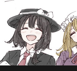  2girls :d asymmetrical_hair black_capelet black_hat blonde_hair bow brown_hair capelet closed_eyes collared_dress collared_shirt commentary contrast_collar dress hair_between_eyes hair_bow happy hat hat_bow kashiwada_kiiho maribel_hearn medium_hair mob_cap multiple_girls neck_ribbon necktie purple_dress red_necktie red_ribbon ribbon shirt short_hair smile teeth touhou unfinished upper_teeth_only usami_renko white_background white_bow white_hat white_shirt 