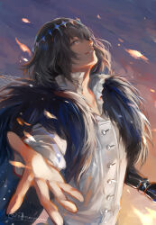  1boy absurdres cape commentary dragonfly_wings dusk embers english_commentary fate/grand_order fate_(series) fur_cape grey_hair highres male_focus oberon_(fate) oberon_(third_ascension)_(fate) offering_hand outstretched_arm parted_lips renrenka_noi shirt short_hair solo twitter_username white_shirt 