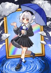  1girl absurdres beret black_hat black_shirt black_shoes black_skirt blue_bow blue_socks blue_umbrella blush bow closed_mouth clouds commentary_request embarrassed grey_hair hat highres holding holding_umbrella indie_virtual_youtuber loafers long_sleeves pinstripe_pattern pinstripe_shirt pinstripe_skirt pleated_skirt puffy_long_sleeves puffy_sleeves rain rainbow red_eyes ripples shibedraws shigure_ui_(vtuber) shirt shoes skirt sleeves_past_wrists smile socks solo two_side_up ui_(voisona) umbrella virtual_youtuber voisona walking water 