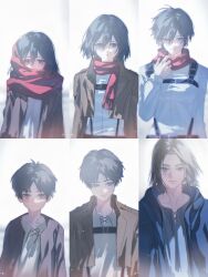  1boy 1girl age_progression aged_down black_hair blue_hoodie blush brown_cardigan brown_hair brown_jacket cardigan chest_harness closed_mouth eren_yeager green_eyes grey_eyes grey_shirt hair_between_eyes harness hashtag-only_commentary highres hood hood_down hoodie jacket long_sleeves looking_at_viewer medium_hair mikasa_ackerman open_cardigan open_clothes open_hoodie open_jacket paradis_military_uniform red_scarf scarf shingeki_no_kyojin shirt short_hair straight-on upper_body white_shirt yun_(dl2n5c7kbh8ihcx) 