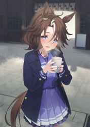  1girl absurdres animal_ears black_coat black_jacket blue_eyes blush bow bowtie breasts brown_hair brown_tail coat commentary_request cup fingernails hair_between_eyes highres holding holding_cup horse_ears horse_girl horse_tail horseshoe_ornament inukai_nagisa jacket long_hair long_sleeves looking_at_viewer mejiro_palmer_(umamusume) multicolored_hair multicolored_nails nail_art nail_polish open_clothes open_coat open_jacket open_mouth pleated_skirt pointy_ears ponytail purple_sailor_collar purple_serafuku purple_shirt purple_skirt sailor_collar sailor_shirt school_uniform serafuku shirt skirt smile solo steaming_cup streaked_hair tail tracen_school_uniform tracen_winter_coat umamusume white_bow white_bowtie white_hair white_streaks 