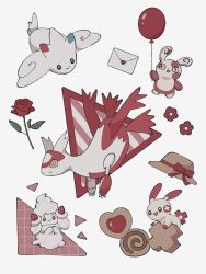  :o @_@ alcremie alcremie_(strawberry_sweet) balloon bow closed_mouth cookie dot_nose envelope flower food hat hat_bow hat_ribbon heart heart-shaped_cookie heart-shaped_food heart_seal highres holding holding_balloon latias no_humans own_hands_together parted_lips plus_sign plusle pokemon pokemon_(creature) pokemon_focus red_bow red_flower red_ribbon red_theme ribbon smile smprfms spinda thumbprint_cookie togekiss yellow_eyes 