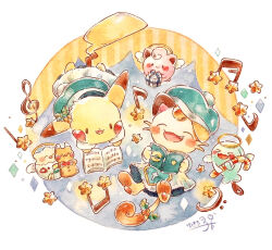  >_< blush_stickers closed_eyes clothed_pokemon commentary_request dress fang halo highres holly jigglypuff music musical_note no_humans open_mouth painting_(medium) pikachu pokemon pokemon_(creature) singing togepi traditional_halo traditional_media treble_clef watercolor_(medium) white_dress wobbuffet yukichi_0611 