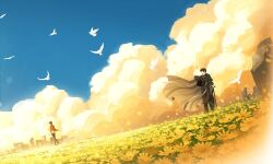  2boys absurdres bird black_cloak black_coat black_gloves black_hair black_hat black_jacket black_necktie black_pants black_suit blue_sky cane cape cityscape cloak clouds cloudy_sky coat commentary daisy_(flower) day dove dual_persona english_commentary facing_another facing_away falling_petals field floating_cape floating_clothes flower flower_field gloves hat highres holding holding_cane holding_unworn_clothes holding_unworn_hat irar1102 jacket klein_moretti lord_of_the_mysteries male_focus multiple_boys necktie orange_shirt outdoors pants petals plaid_clothes plaid_shirt profile ruins scenery shirt short_hair sky standing stole suit unworn_hat unworn_headwear walking walking_away white_bird white_shirt wide_shot wind yellow_clouds yellow_flower zhou_mingrui 