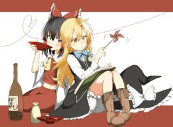  2girls ascot black_eyes black_hair blonde_hair bloomers blue_bow blue_bowtie blush book boots bottle bow bowtie braid brown_boots commentary detached_sleeves drinking frilled_bow frilled_skirt frills hair_bow hair_tubes hakurei_reimu hat hat_bow heart heart_of_string highres holding kirisame_marisa leaning_on_person long_hair long_sleeves multiple_girls no_headwear open_book pinwheel red_bow red_skirt ribbon-trimmed_sleeves ribbon_trim sake_bottle shigure_(sigre) shirt side_braid single_braid sitting skirt skirt_set tokkuri touhou unworn_hat unworn_headwear white_bloomers white_bow white_shirt witch_hat yellow_ascot yellow_eyes yuri 