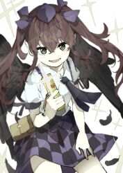  1girl absurdres black_skirt brown_eyes brown_hair camera_phone cellphone checkered_clothes checkered_skirt collared_shirt cowboy_shot falling_feathers feathered_wings feathers flip_phone frilled_shirt_collar frills hat highres himekaidou_hatate holding holding_phone kuromaru_ira long_hair looking_at_viewer necktie open_mouth phone pointy_ears puffy_short_sleeves puffy_sleeves purple_hat purple_skirt shirt short_sleeves skirt smile solo square-end_necktie taking_picture tokin_hat touhou twintails two-tone_skirt white_shirt wings 