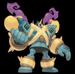  aqua_skin asymmetrical_eyes clay colored_skin golem golurk mega_golurk mega_pokemon no_humans non-web_source official_art pokemon pokemon_(creature) pokemon_focus yellow_eyes yellow_trim 