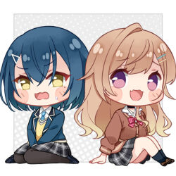  2girls black_choker black_pantyhose black_socks blue_hair blue_jacket blue_necktie blush bow bowtie brown_cardigan brown_hair cardigan chibi chibi_only choker collared_shirt commentary diagonal-striped_clothes diagonal-striped_necktie english_commentary fang fpsmoe gyaru hair_ornament hairclip heart heart_necklace jacket jewelry long_hair medium_hair mole mole_under_eye multiple_girls necklace necktie open_clothes open_jacket open_mouth pantyhose pleated_skirt red_bow red_bowtie satou_yumiko seiyuu_radio_no_uraomote shirt single_hair_intake skin_fang skirt socks striped_bow striped_bowtie striped_clothes sweatdrop triangle_hair_ornament vest violet_eyes watanabe_chika white_shirt yellow_eyes yellow_vest 