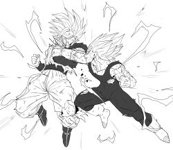  2boys absurdres battle blood blood_from_mouth blood_on_face bodysuit boots dougi dragon_ball dragon_ball_z electricity facial_mark forehead_mark full_body gloves greyscale highres horang4628 majin_vegeta male_focus medium_hair monochrome multiple_boys muscular muscular_male pants parrying punching sash shirt simple_background son_goku spiky_hair super_saiyan super_saiyan_2 torn_bodysuit torn_clothes torn_shirt vegeta white_background 