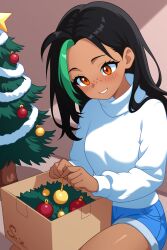  1girl absurdres black_hair blue_shorts box christmas christmas_ornaments christmas_tree commentary dark-skinned_female dark_skin english_commentary freckles green_streaks hair_down highres light_blush long_hair multicolored_hair nemona_(pokemon) orange_eyes pokemon pokemon_sv shorts smile solo streaked_hair su1zide sweater turtleneck turtleneck_sweater white_sweater 