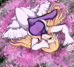  1girl blonde_hair commentary_request dress highres long_hair looking_at_viewer lying no_headwear on_back purple_tabard s_watatsuki_n solo tabard touhou white_dress yakumo_yukari yellow_eyes 