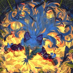  1girl bamboo bamboo_forest bow collared_shirt commentary_request fire forest friend_characters fujiwara_no_mokou grey_hair grey_shirt grin hair_bow kajatony long_hair long_sleeves multiple_hair_bows nature ofuda ofuda_on_clothes pants pyrokinesis red_eyes red_pants sample_watermark shirt smile solo touhou very_long_hair watermark 