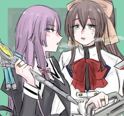  2girls aqua_eyes arm_at_side assault_lily banshouya_ena black_ribbon blush border bow bowtie breath brown_bow brown_hair commentary cropped_jacket crossed_bangs green_background green_border green_eyes hair_between_eyes hair_bow hair_ribbon hand_up herensuge_girls_academy_school_uniform high_ponytail highres holding holding_weapon jacket jewelry long_hair long_sleeves looking_at_another looking_at_viewer looking_to_the_side low-tied_sidelocks multiple_girls neck_ribbon nose_blush outside_border over_shoulder parted_lips pink_ribbon ponytail profile purple_hair red_bow red_bowtie ribbon ring school_uniform serizawa_chikaru shirt sidelocks sideways_glance sweatdrop upper_body weapon weapon_over_shoulder white_jacket white_shirt yamada_(ymdgrak) yurigaoka_girls_academy_school_uniform 