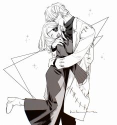  1boy 1girl closed_eyes coat couple eyepatch franken_stein_(soul_eater) greyscale happy hetero hissiu hug long_skirt long_sleeves marie_mjolnir monochrome object_through_head screw_in_head simple_background skirt smile soul_eater stitched_face stitches white_background 
