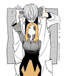  1boy 1girl black_dress blonde_hair coat commentary dress eyepatch franken_stein_(soul_eater) grey_hair height_difference hissiu long_hair long_sleeves looking_at_another looking_up marie_mjolnir object_through_head screw_in_head short_hair soul_eater symbol-only_commentary white_coat 