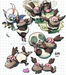  animal_focus bird closed_eyes closed_mouth commentary_request ditto feathers flying grid_background highres holding holding_skull motion_blur no_humans odo_7ta open_mouth pokedex_number pokemon red_eyes rufflet running skull smile sweat transformed_ditto vullaby 