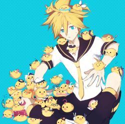  1boy akikoloid-chan animalization anon_(vocaloid) aoki_lapis baby_animal big_al bird black_shorts blonde_hair blue_eyes bruno_(vocaloid) chick clara_(vocaloid) contrast_collar cul cyber_diva expressionless flower_(vocaloid) galaco gumi hatsune_miku hibiki_lui hikusa hiyama_kiyoteru ia_(vocaloid) kaai_yuki kagamine_len kagamine_rin kaito_(vocaloid) kamui_gakupo kanon_(vocaloid) kokone_(vocaloid) leg_warmers lily_(vocaloid) luo_tianyi macne_nana maika_(vocaloid) mayu_(vocaloid) megurine_luka meiko_(vocaloid) merli_(vocaloid) necktie nekomura_iroha oliver_(vocaloid) polka_dot polka_dot_background rana_(vocaloid) ring_suzune ryuuto_(vocaloid) sailor_collar seeu sf-a2_miki shirt shoes shorts sitting sweatdrop tone_rion touhoku_zunko utatane_piko vocaloid white_shirt white_shoes yohioloid yuzuki_yukari 