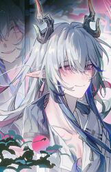  1boy arknights blue_hair chinese_commentary clouds collarbone commentary_request dragon_horns eyeliner hair_between_eyes highres horns long_hair long_sidelocks looking_at_viewer makeup multicolored_hair multiple_views partially_open_shirt pectoral_cleavage pectorals pink_eyes pointy_ears red_eyeliner shirt sidelocks slit_pupils smile streaked_hair white_hair white_shirt woshiningmengjing913 yi_(arknights) 