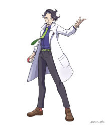  1boy absurdres belt black_hair black_pants blue_shirt bracelet brown_shoes collared_shirt commentary_request curly_hair facial_hair full_body green_belt green_necktie grin hand_up highres holding holding_poke_ball jewelry male_focus necktie pants poke_ball poke_ball_(basic) pokemon pokemon_xy professor_sycamore shirt shoes short_hair smile socks solo standing star_goha teeth twitter_username 