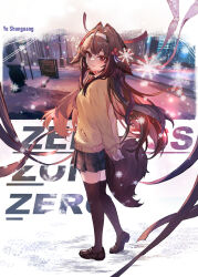  1girl alternate_costume animal_ear_fluff animal_ears arms_behind_back black_shoes blush brown_cardigan brown_hair brown_tail brown_thighhighs cardigan character_name closed_mouth clover clover_hair_ornament commentary copyright_name droopy_ears english_commentary fluffy_tail from_side full_body hair_ornament hairband highres long_hair looking_at_viewer mashaer plaid_clothes plaid_skirt red_eyes school_uniform shoes skirt smile snow snowflakes snowing solo standing thigh-highs very_long_hair white_hairband ye_shunguang zenless_zone_zero 