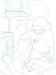  1boy 1girl commentary_request fat fat_man future_gadget_lab hashida_itaru hat hetero highres hiyajou_maho holding holding_screwdriver indoors long_hair menomorute monochrome on_floor science_adventure screwdriver sitting steins;gate steins;gate_0 