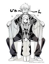  1boy 1girl between_legs coat commentary_request eyepatch franken_stein_(soul_eater) glasses greyscale highres hissiu long_hair long_sleeves marie_mjolnir monochrome object_through_head open_clothes open_coat open_mouth pants screw_in_head shoes short_hair simple_background sitting smile soul_eater stitched_face stitches white_background 