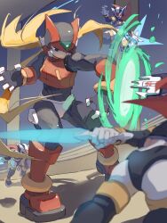 4boys absurdres armor black_armor black_eyes blonde_hair clone energy_blade helmet hidden_phantom_(mega_man) highres holding holding_knife holding_shield holding_shuriken holding_weapon knife kunai long_hair mega_man_(series) mega_man_zero_(series) mega_man_zero_1 multiple_boys omochi_(mochi_skymega) red_armor red_eyes red_helmet red_scarf scarf shield shuriken solo_focus standing weapon zero(z)_(mega_man) zero_(mega_man) 