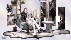  1boy alcohol armchair belt black_jacket black_shirt black_shoes broken_mirror brooch brown_hair cain_(yueying_bieshu) chair chandelier chinese_commentary closed_mouth commentary_request copyright_logo copyright_notice crossed_legs cup curtained_hair curtains dress_pants dress_shoes drinking_glass earrings expressionless fabric flower flower_brooch frilled_shirt_collar frilled_sleeves frills full_body gem glass_shards glint gold_ring grey_background hand_to_own_mouth hand_up hanging_light highres holding holding_cup iris_(flower) jacket jewelry lamp lapel_pin lapels leaf_earrings light_particles lips logo long_hair long_sleeves looking_at_viewer male_focus mirror monstera_deliciosa multicolored_jacket official_art pants parted_bangs peaked_lapels plant potted_plant purple_gem red_wine reflection round_table see-through_curtains shadow shirt shoes silver_belt silver_thighlet simple_background sitting snake_print solo stairs suit suit_jacket table thighlet two-tone_jacket v-shaped_eyebrows violet_eyes white_jacket white_pants wine wine_glass yueying_bieshu 