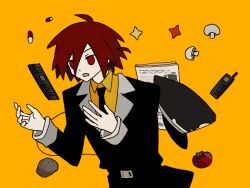  1boy anonymous1203 belt black_belt black_hat black_neckerchief black_shirt black_suit chinese_commentary collared_shirt commentary_request epic_battle_fantasy hair_between_eyes hat lance_(epic_battle_fantasy) male_focus mushroom neckerchief newspaper open_mouth pill red_eyes red_hair shirt short_hair solo suit tomato upper_body 