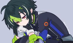  1boy adapted_costume ahoge arm_support artist_name black_shirt compression_shirt covered_collarbone covered_navel cowboy_shot disappointed from_side gloves green_hair grey_background hair_between_eyes hair_ornament hairclip hand_on_own_face head_tilt highres hunched_over inami_rai inami_rai_(1st_costume) looking_down male_focus messy_hair multicolored_hair multicolored_shirt nijisanji op_na_yarou pants red_eyes shirt sidelocks sitting slit_pupils solo streaked_hair virtual_youtuber white_gloves 