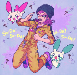  1boy beanie braid commentary_request crying crying_with_eyes_open danganronpa_(series) danganronpa_2:_goodbye_despair earrings hat holding holding_screwdriver jewelry jumpsuit minun pink_eyes pink_hair pink_shoes plusle pokemon pokemon_(creature) purple_background screw screwdriver sharp_teeth shoes single_braid sneakers soda_kazuichi tears teeth uru_uruku yellow_jumpsuit 