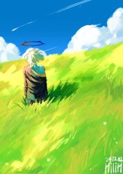  1boy black_jacket blue_halo blue_skin blue_sky clouds cloudy_sky colored_skin commentary dated day facing_away from_behind grass guilty_gear guilty_gear_strive halo happy_chaos hashtag-only_commentary highres hilih_0107 horns jacket jacket_partially_removed male_focus messy_hair multicolored_halo outdoors red_halo signature single_bare_shoulder sky solo spiked_halo standing tall_grass two-tone_halo white_hair 