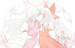  2girls absurdres ascot axolotl blush bow breasts chinese_commentary closed_eyes commentary_request detached_sleeves frilled_bow frilled_hair_tubes frills hair_bow hair_tubes hakurei_reimu highres holding holding_umbrella kiss long_hair medium_breasts multiple_girls no_headwear parasol purple_tabard red_bow red_skirt skirt skirt_set tabard touhou umbrella very_long_hair wutian_buchi_yu yakumo_yukari yakumo_yukari_(axolotl) yuri 