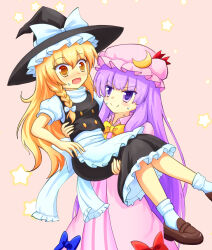  2girls apron back_bow black_hat black_skirt black_vest blonde_hair blush bow bowtie braid brown_shoes carrying carrying_person closed_mouth commentary_request crescent crescent_hat_ornament dress frilled_skirt frills hair_bow hat hat_bow hat_ornament kirisame_marisa loafers long_hair mob_cap multiple_girls open_mouth patchouli_knowledge princess_carry puffy_short_sleeves puffy_sleeves shoes short_sleeves side_braid single_braid skirt smile socks star_(symbol) striped_clothes striped_dress sweat touhou vertical-striped_clothes vertical-striped_dress very_long_hair vest violet_eyes white_apron white_bow white_socks witch_hat yellow_bow yellow_bowtie yellow_eyes yoruniwa yuri 