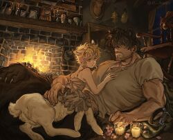  1boy 1girl 4_virgin animal_ears arm_hair bear_boy bear_ears beard blonde_hair brown_dress brown_hair candle centauroid chest_hair claws commission dress facial_hair fireplace full_body grey_eyes hand_on_another's_back hand_on_another's_chest highres hooves indoors monster_boy monster_girl muscular muscular_male original scar scar_on_arm scar_on_face sheep_ears sheep_girl short_hair sparse_arm_hair sparse_chest_hair taur 