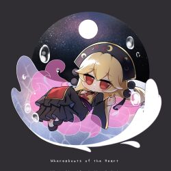  1girl black_dress black_hat blonde_hair chibi chibi_only commentary crescent_print dalachi_(headdress) dress energy energy_tail english_commentary english_text full_moon hair_between_eyes hat highres junko_(touhou) long_hair long_sleeves looking_at_viewer mixed-language_commentary moon multiple_tails no_noru phoenix_print red_eyes red_tabard solo tabard tail touhou very_long_hair wide_sleeves 