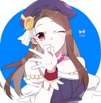  1girl bare_shoulders brown_hair hat idolmaster idolmaster_2 jewelry kimsiot long_hair minase_iori necklace off_shoulder one_eye_closed palace_of_dragon_(idolmaster) pearl_necklace red_eyes solo 