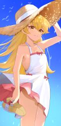  1girl absurdres bakemonogatari bare_shoulders blonde_hair clothes_lift collarbone commentary_request dress dress_lift hair_between_eyes hand_on_own_hat hat highres holding holding_shoes holding_unworn_clothes long_hair looking_at_viewer monogatari_(series) oshino_shinobu pointy_ears shoes sky solo straw_hat unworn_shoes very_long_hair wind wind_lift yaki_tai yellow_eyes 