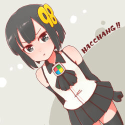  1girl 98-tan :t ascot bare_shoulders black_ascot black_eyes black_gloves black_hair black_skirt black_thighhighs closed_mouth collared_shirt commentary_request contrast_collar dutch_angle elbow_gloves gloves hair_ornament highres imuhata_shimuro miniskirt number_hair_ornament os-tan pleated_skirt shirt short_hair skirt sleeveless sleeveless_shirt solo thigh-highs v-shaped_eyebrows white_shirt zettai_ryouiki 