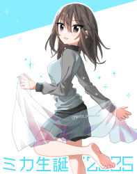  1girl barefoot black_skirt brown_eyes brown_hair character_name girls_und_panzer highres jacket keizoku_military_uniform long_hair long_sleeves looking_at_viewer mika_(girls_und_panzer) military_uniform natsusa_(nts_summer) no_headwear open_mouth pleated_skirt raglan_sleeves skirt smile solo track_jacket white_background 