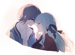  2girls ascot bang_dream! bang_dream!_it's_mygo!!!!! black_ascot black_ribbon blue_hair blue_jacket closed_eyes closed_mouth collared_shirt earrings grey_hair hair_ribbon hand_on_another's_face hibioes highres jacket jewelry multiple_girls oblivionis_(bang_dream!) parted_lips red_eyes red_shirt ribbon shirt short_hair simple_background takamatsu_tomori togawa_sakiko two_side_up white_background white_shirt yuri 