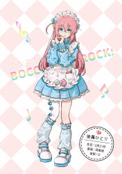  1girl absurdres alternate_costume apron asymmetrical_legwear beamed_eighth_notes blue_dress blue_eyes blush bocchi_the_rock! bow chinese_commentary closed_mouth commentary_request cube_hair_ornament dress eighth_note english_text frilled_apron frilled_dress frills full_body gotoh_hitori hair_between_eyes hair_ornament hands_up heart heart_hands highres long_hair long_sleeves looking_at_viewer loose_socks maid maid_apron maid_headdress migolu mixed-language_text musical_note nuoweisenlin_tongren_gongzuoshi one_side_up pink_hair shoes socks solo standing white_apron 