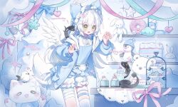  1girl :d absurdres bandaged_leg bandages bird blue_bow blue_hoodie blue_shirt blush bow commission cowboy_shot cyano double-parted_bangs doughnut feathered_wings food fox fox_girl fox_tail green_eyes hair_between_eyes hair_bow hands_up highres hood hood_down hoodie long_hair long_sleeves mihuashi_commission open_clothes open_hoodie open_mouth original penguin shirt shorts smile solo tail thigh-highs thigh_strap white_hair white_shorts white_thighhighs white_wings wings 