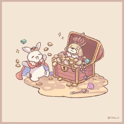  :d animal animal_focus bow bowtie cape chigu closed_mouth coin commentary_request crown dog gem highres key no_humans open_mouth original rabbit red_bow red_bowtie red_cape simple_background smile standing treasure_chest yellow_background 