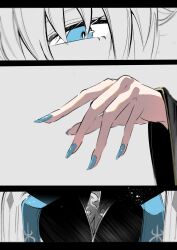  1girl black_dress blue_eyes blue_nails commentary_request dress fate/grand_order fate_(series) hair_between_eyes highres kauderni01356 long_sleeves morgan_le_fay_(fate) morgan_le_fay_(queen_of_winter)_(fate) simple_background solo white_hair 