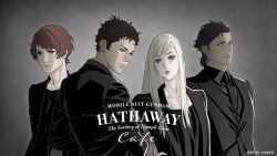  1girl 3boys black_hair black_jacket black_necktie black_shirt blonde_hair blue_eyes brown_eyes brown_hair closed_mouth collared_shirt commentary_request copyright_notice frown gigi_andalusia gundam gundam_hathaway's_flash hair_slicked_back hathaway_noa jacket kenneth_sleg lane_aim lapels long_hair looking_to_the_side multiple_boys necktie notched_lapels official_art parted_lips promotional_art shirt short_hair swept_bangs upper_body wing_collar 