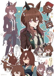  4girls :< :d =_= absurdres ahoge angry animal_ears beanie black_choker black_jacket black_necktie black_pants blue_eyes blue_jacket brown_hair chibi chibi_inset choker closed_mouth coat collared_shirt colored_inner_animal_ears comb commentary_request dream_journey_(snow-white_dreamland)_(umamusume) dream_journey_(umamusume) dress ear_covers ear_ornament ears_through_headwear eighth_note eyewear_strap feathers glasses green_jacket grey_hat grey_shirt hair_between_eyes hair_bun hair_spray hairdressing hat highres holding holding_comb holding_spray_can holly horse_ears horse_girl jacket jewelry long_hair long_sleeves looking_at_viewer multicolored_hair multiple_girls multiple_views musical_note nakayama_festa_(festival_game)_(umamusume) nakayama_festa_(shichuukyuukatsu)_(umamusume) nakayama_festa_(umamusume) necklace necktie official_alternate_costume open_clothes open_jacket pants rere_tu2 shirt sidelocks single_ear_cover sirius_symboli_(feroce)_(umamusume) sirius_symboli_(umamusume) smile spray_can star_(symbol) stay_gold_(sunlit_outsider)_(umamusume) stay_gold_(umamusume) streaked_hair translation_request two-tone_hair umamusume untucked_shirt violet_eyes white_dress white_hair x_navel yellow_coat yellow_nails 